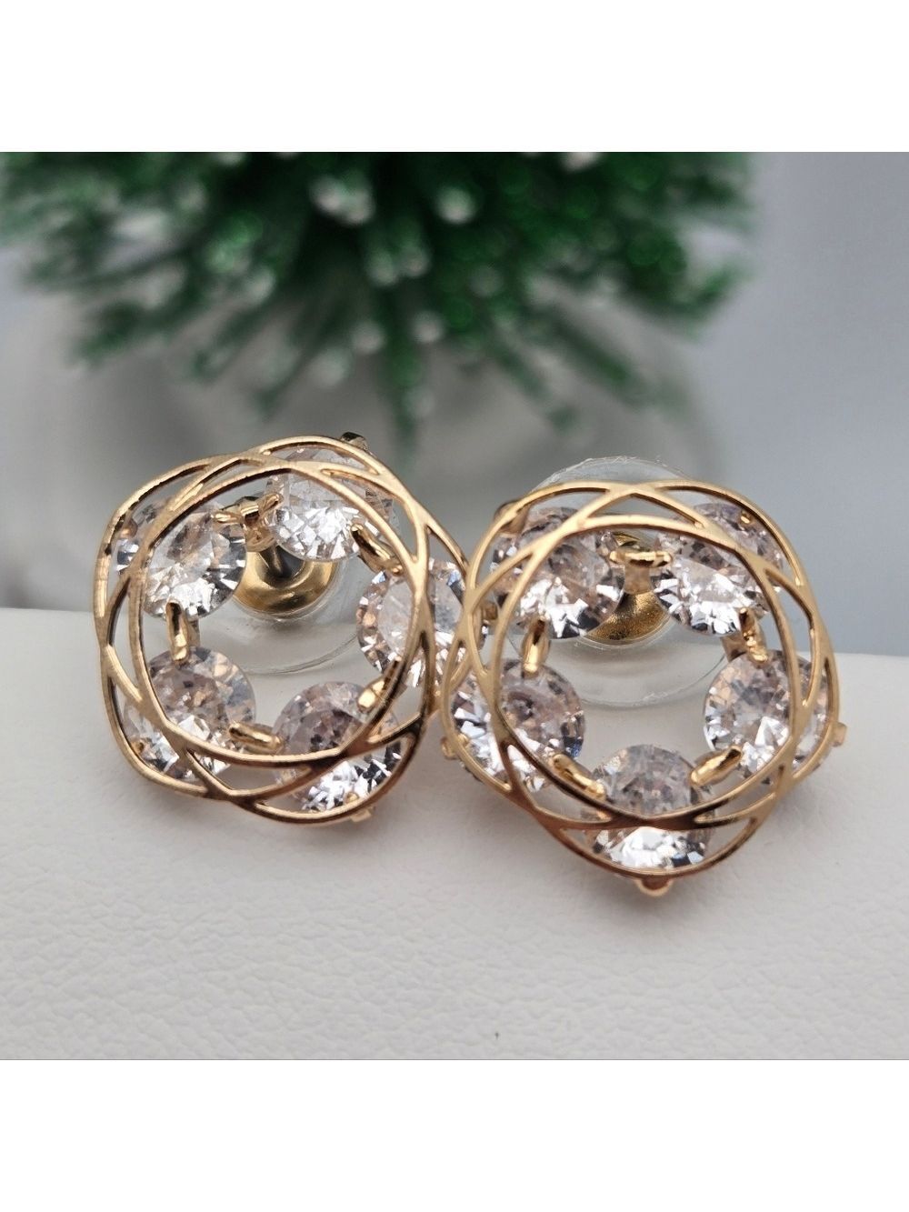 Circular Bridal Stud Earrings Diamond Look Forever Love Design Gold Tone